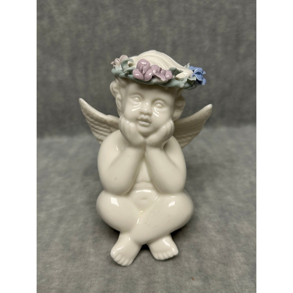 Vintage‎ Cherub Angel Figurine with Flower Crown Sitting Pose Porcelain